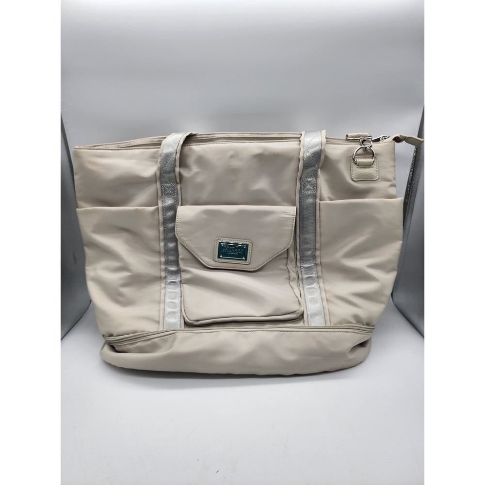 Laundry by Shelli Segal Nylon Tote Bag Beige Silver Trim Travel Gym Weekender